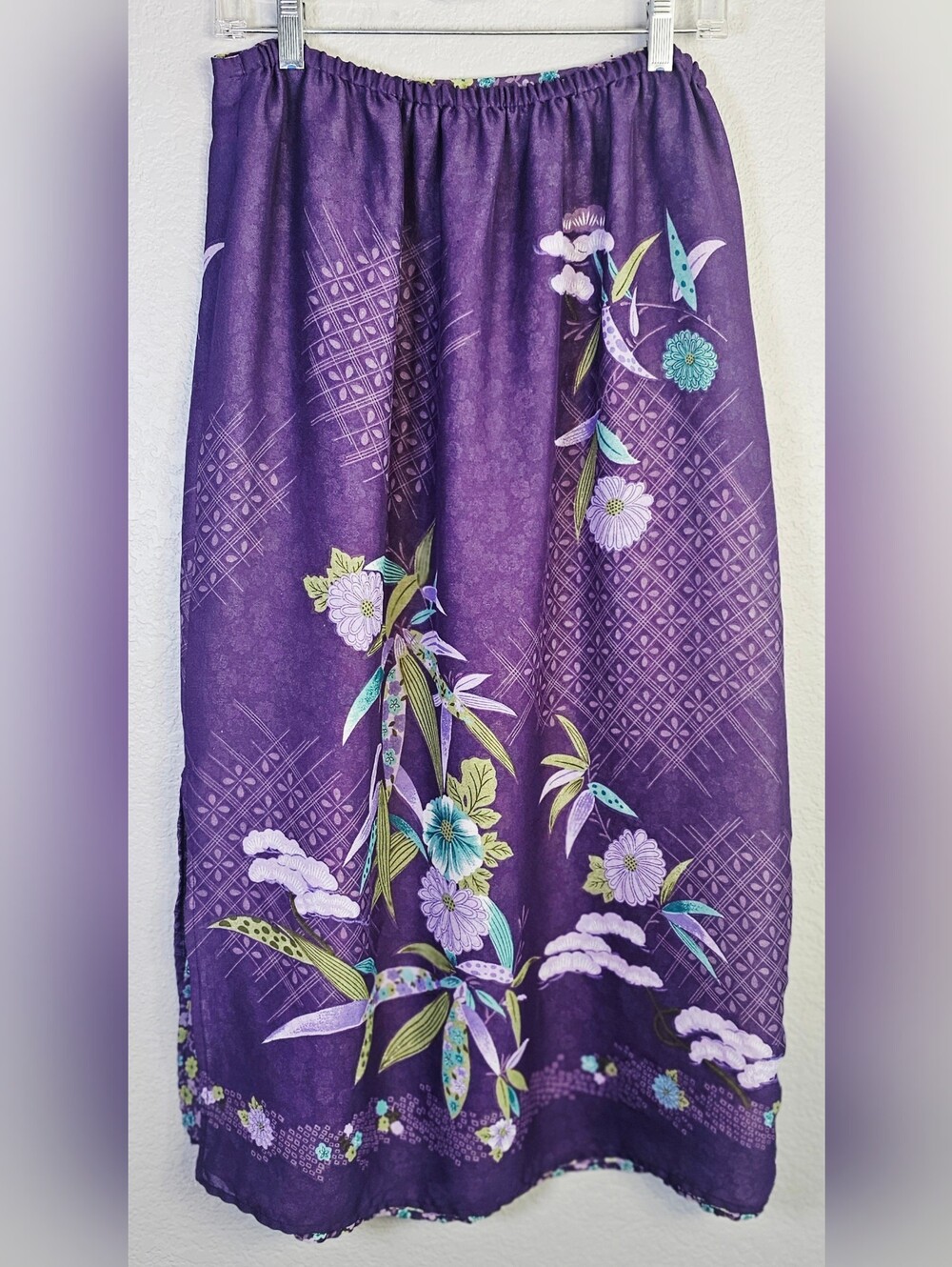 Reversible Purple Floral Midi Skirt Elastic Waist Cottagecore Boho M/L